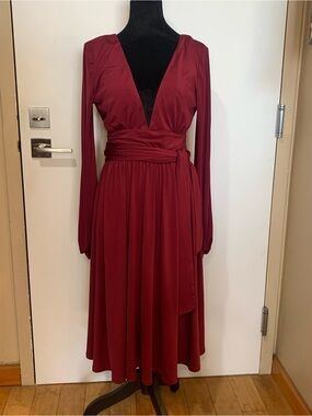 Asos NWT 10 Rich Wine Deep V Fit n Flare Long Full Sleeves Midi Lined Dress